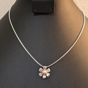 925 Sterling Snake Chain Pink Pearl Flower Pendant 18" Necklace